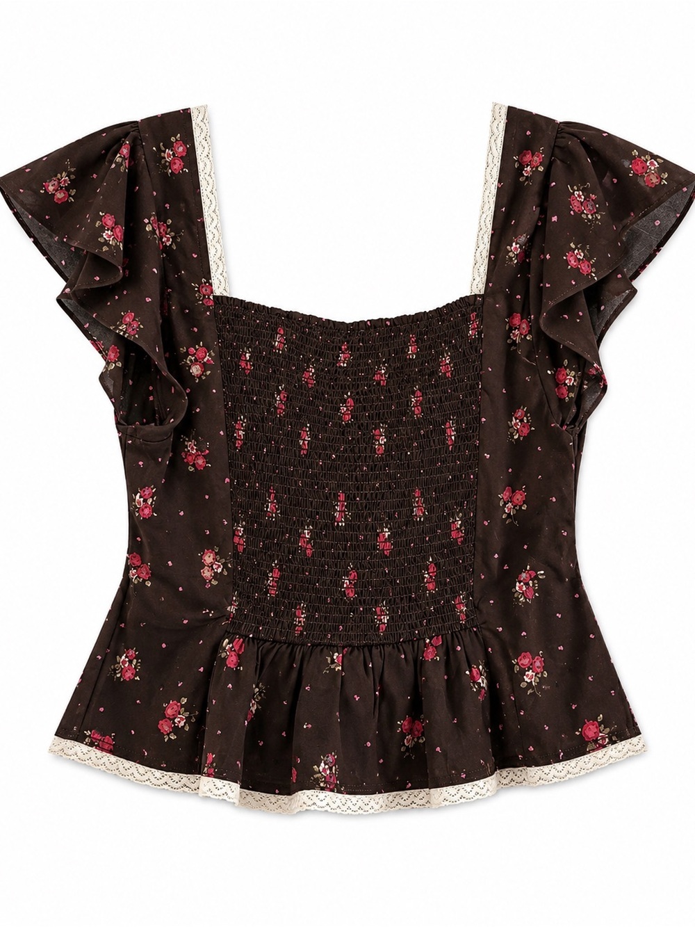 Free People Floral Peplum Top Square Neck Pink Rose Print Boho Festival - Picture 3 of 4